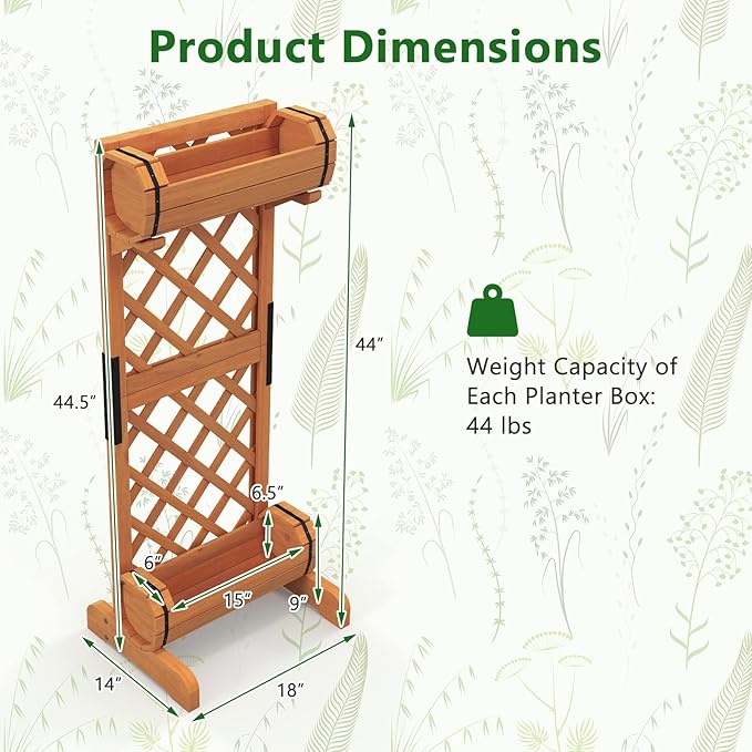 Giantex Raised Garden Bed with 2 Barrel Planters & Trellis, 2-Tier Freestanding Wooden Raised Bed for Vine Vegetable Flower Fruit, Indoor Outdoor Plant Box for Garden Yard Balcony 18" Lx14 Wx44.5 H