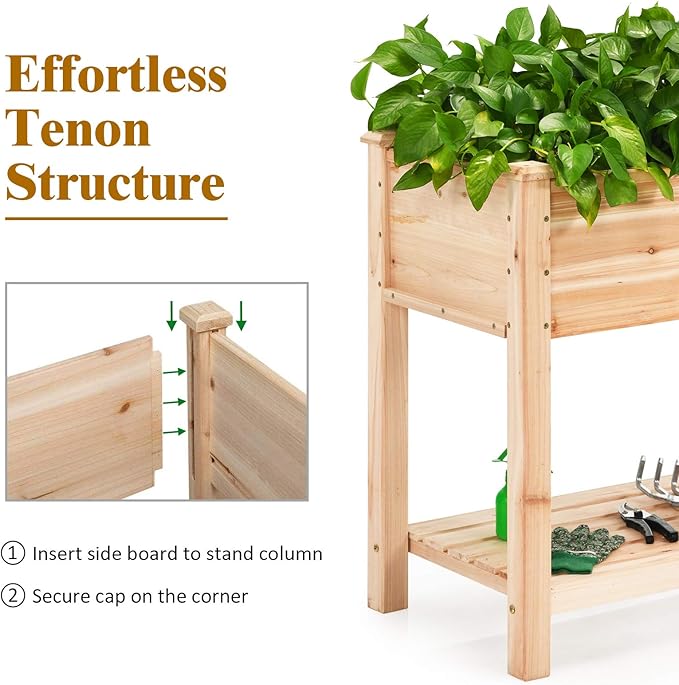 S AFSTAR Raised Garden Bed with Storage Shelf, Elevated Cedar Wood Planter Box with Legs, Outdoor Gardening Planting Bed for Vegetables Flower Herb Grow, Great for Backyard Patio Lawn