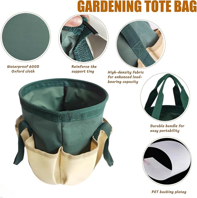BLIRITEL Garden Tool Organizer, Waterproof Garden Tool Tote Bag with 6 Side Pockets, Outdoor Gardening bucket Bag with Thickened Base and Comfortable Carry Handles (Dark Green)