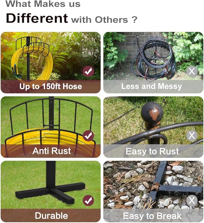 Freestanding Garden Hose Holder Hanger, Outdoor Heavy Duty Metal Water Hose Storage Holders Stand Organizer Rack Detachable Stake, Holds 150 Ft of Hoses for Outside Lawn Yard, Black