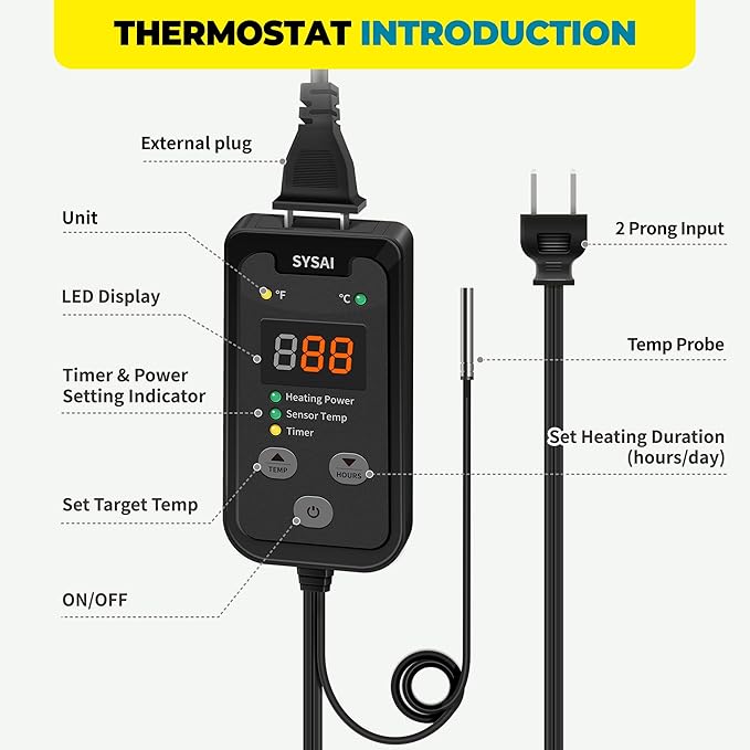 SYSAI Digital Thermostat Controller for Reptiles, Seed Germination, Breeding, Incubation and Small Greenhouse, 50-95°F, 1.5A 150W