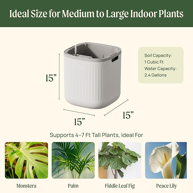 15 Inch Self-Watering Planter for Indoor Plants – Large Modern Plant Pot with Built-In Water Reservoir, Ideal for Monstera, Fiddle Leaf Fig, Palms & Peace Lily, Without Trellis, Cream White