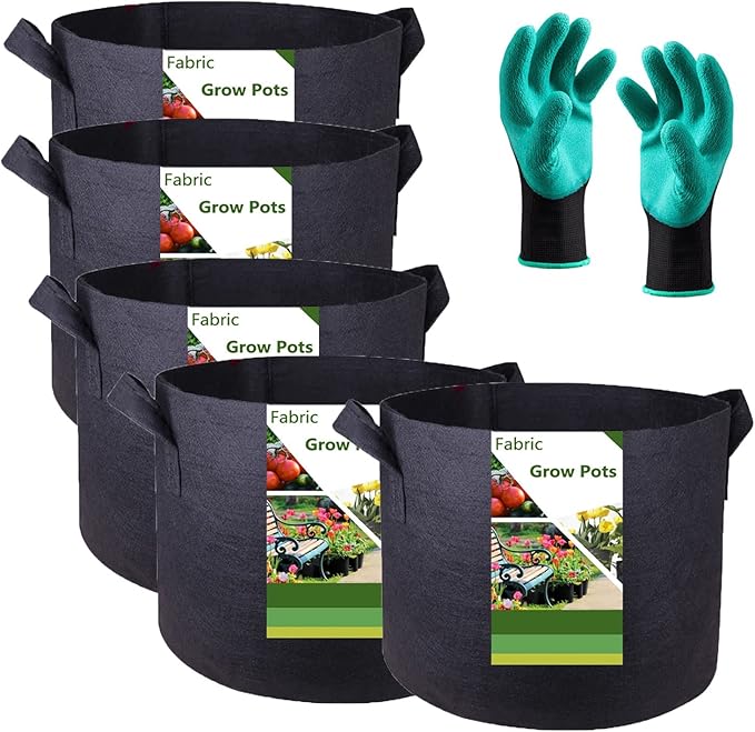 5-Pack 5 Gallon Thickened Plant Grow Bags (12x10 inch) Fabric Plant Pots for Flower Pot,Potato Tomato Planters,Herbs Veggies Planter Bag,Garden Pot,Barrel Planter,Plant Container with Gardening Gloves