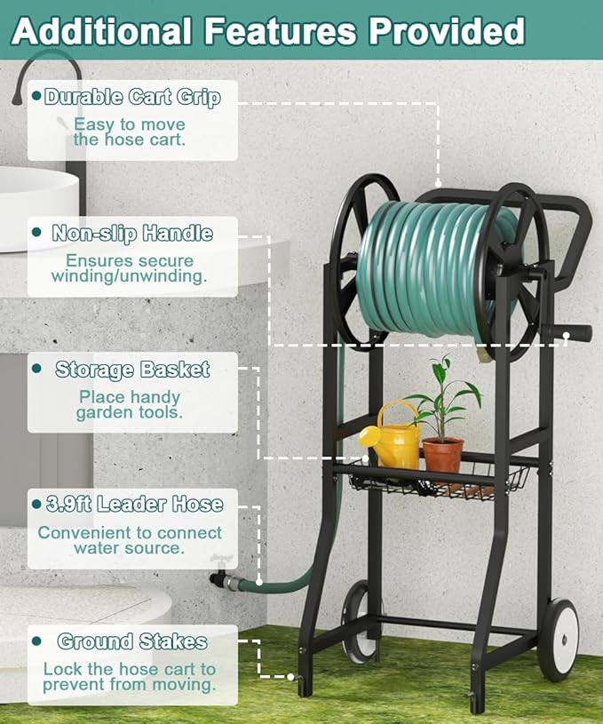 Garden Hose Reel Cart with Wheels, Outdoor Heavy Duty Powder Coated Steel Water Winder Storage Holds 125 ft 5/8" Hoses with 3.9ft Leader Hose and Basket for Backyard, Yard, Lawn, Black