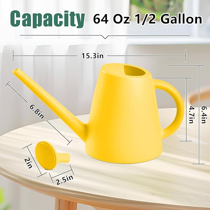 Indoor and Outdoor Watering Can - Long Spout -1/2 Gallon (64oz) - Yellow