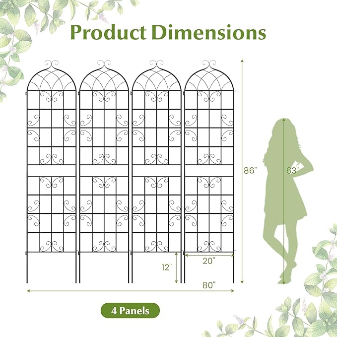 Giantex 4 Packs 86"x20" Metal Garden Trellis for Outdoor Climbing Plants, Heavy-Duty Plant Support for Vine Rose Vegetable Flower, Rustproof Black Metal Coating Patio Trellis Arch Decorative Fence