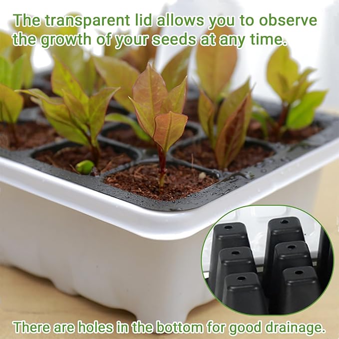 Seed Starter Tray, 12 Pack 144 Cells Thicken Seed Starter Kit Seed Starter with Humidity Dome Seed Starting Trays Plant Starter and Base Mini Greenhouse Germination Kit (White)