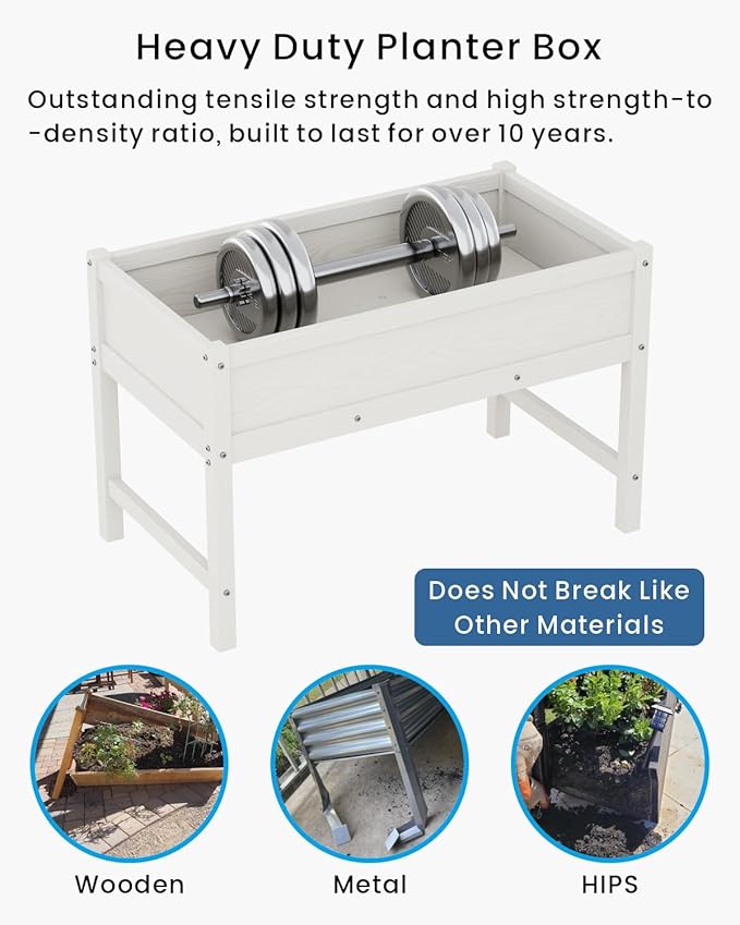 HDPE Raised Garden Bed with Legs, Outdoor All-Weather Elevated Planter Box Raised Beds for Seeds, Herb, Flower, Vegetable (White)
