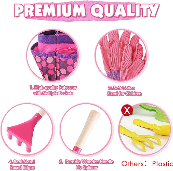 Kids Gardening Tools Set, Toddler Play Kit Child Outdoor Toy with Gloves, Watering Can, Metal Shovel, Rake, Spade & Storage Bag, Backyard Sand Digging Holiday Birthday Gift for Boy Girl 3 4 5 (Pink)