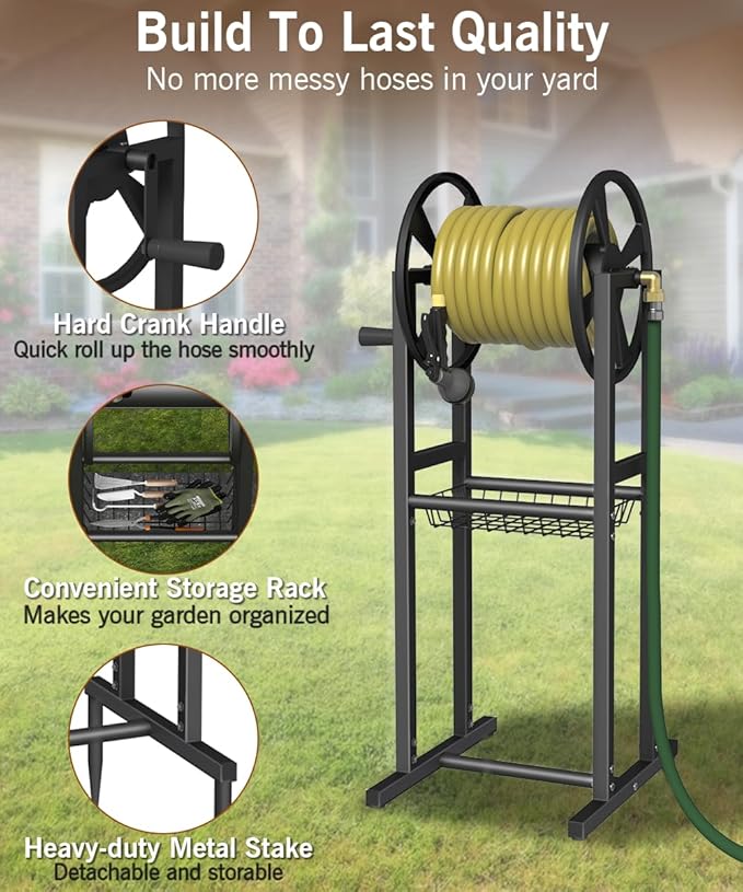 Garbuildman Ground Mount Garden Hose Reel Holds 125 Feet of 5/8-Inch with 3.9 ft Leader Hose, Brass Fitting, Water Hose Holder Stand with Storage Rack & 4 Spikes Base for Outdoor Lawn, Black