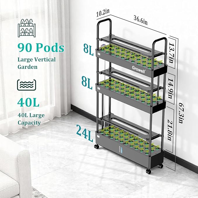 90-Pod Hydroponics Growing System, Large Vertical Hydroponic Garden with Smart Full-Spectrum Grow Lights, Auto Circulating Water, Mobile Indoor Gardening System for Herbs, Vegetables & Fruits