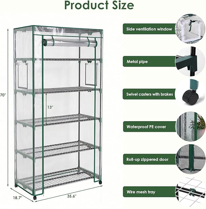 Indoor Greenhouse with Grow Lights & Wheels, 5 Tier Wire Shelf PVC Tent Portable Mini Green House Cabinet Kit for Plant Seed Starting Mushroom Grow