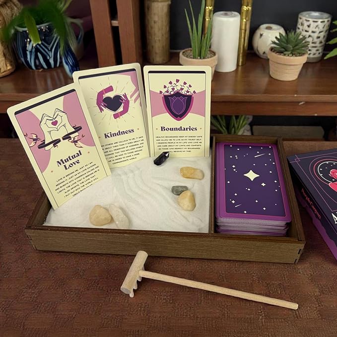 Wooden Zen Garden with Daily Affirmation Cards for Women and Men | White Sand with Rake & Amethyst Wand | Affirmations for Mindfulness, Meditation, and Inspiration | Beautiful 52 Card Deck