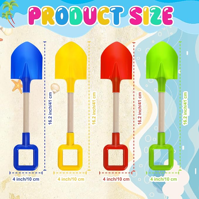 Honoson 4 Pack 16 Long Beach Spades Sand Shovels Toys Gardening Tools Sets Sandbox Sturdy Scoop Durable Wood Handle ABS Plastic Spade for Garden Sand Snow Backyard Summer Favors (Bright Color)