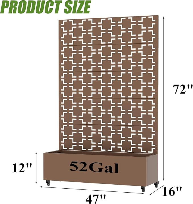 Casaphoria Metal Raised Garden Bed with Trellis and Wheels, 72"x47"x16" Arched Planter Box for Climbing Plants, Vegetables & Vines, Features Drainage Holes and Privacy Screen, Brown-Square