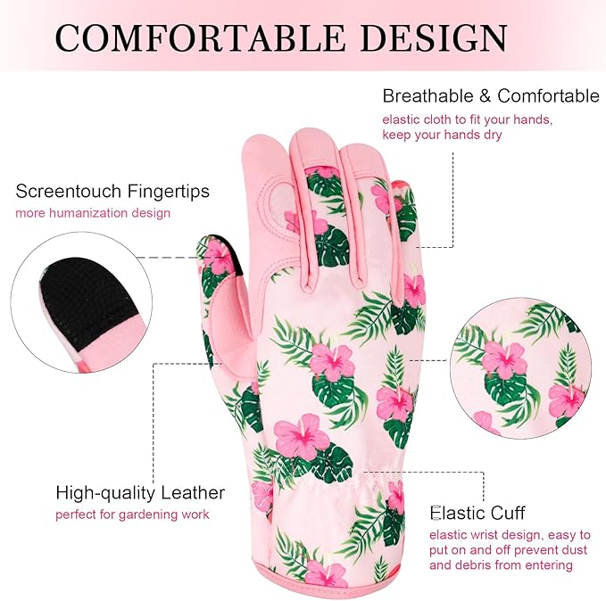 Leather Gardening Gloves for Women Thorn Proof Garden Gloves Touch Screen Working Gloves Gifts,M