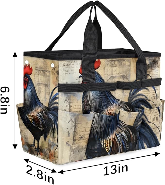 Garden Tool Bag Organizer Garden Tote Bag with Pockets Rooster Watercolor Flowers Tool Storage Organizer Gardening Tool Kit Holder 13" x 6.8" x 2.8"