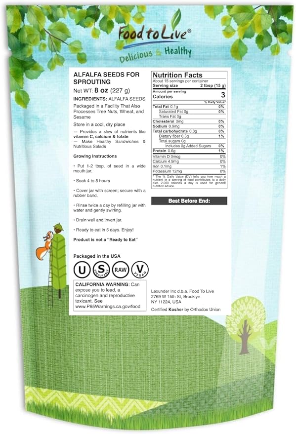 Food to Live Alfalfa Seeds for Sprouting, 8 Ounces – Edible Seeds, Pure, Vegan, Kosher, Bulk. Rich in Vitamin K & C. High Germitation Rate. Grow Sprouts, and Microgreens for Salad, Sandwiches, Rolls.