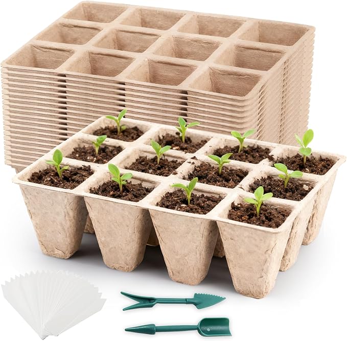Seed Starter Tray,240 Cell Biodegradable Peat Pots Seed Starter Kit,Organic Germination Trays for Vegetable Flower Seedlings with 20 Plant Labels & 2 Garden Tools -20 Pack(Khaki)