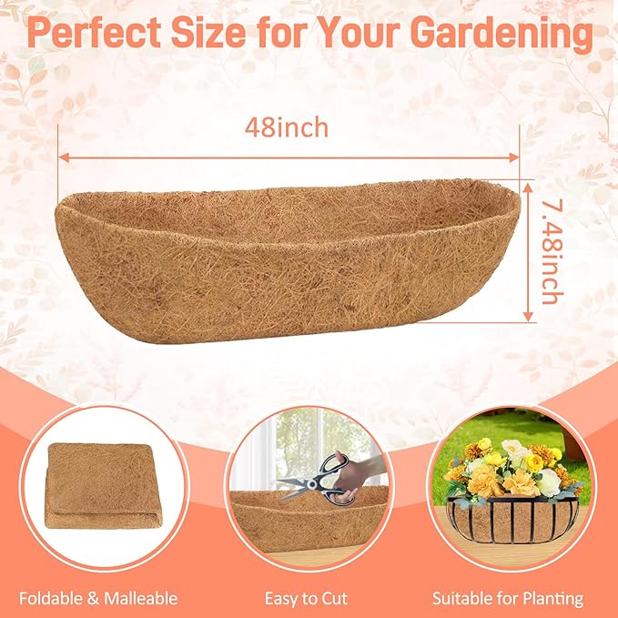 2 Pack 48 Inch Trough Coconut Liners for Planters- Natural Coco Liner Window Box Liners Replacement, Coconut Fiber Planter Liner for Outdoor Flower Planters, Deck Railings, Fence and Balcony