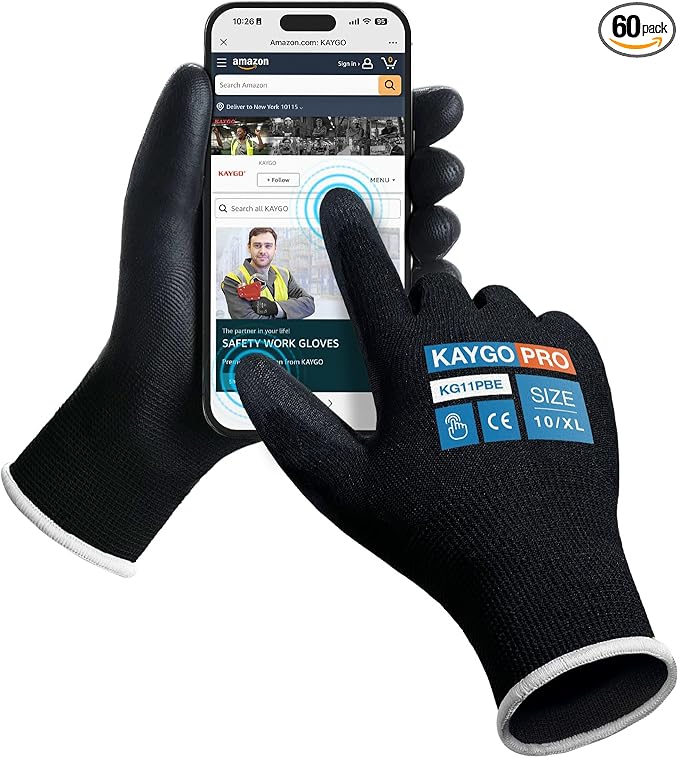 Work Gloves PU Coated for Men and Women, 60 Pairs Safety Work Gloves with Two Fingers Touchscreen, Breathable and Lightweight,Ideal for Light Warehouse, Manufacturing, Gardening, KG11P (XL, Black)