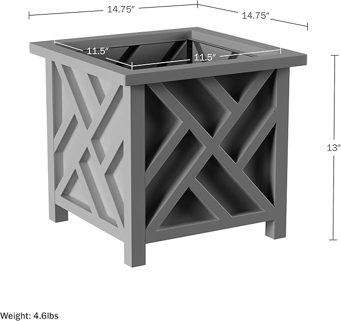 Lattice Design Planter Box - 14.75-Inch-Square Decorative Outdoor Flower or Plant Pot - Front Porch, Patio, and Garden Decor by Pure Garden (Gray)