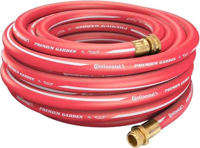 Continental Premium Garden Red Heavy Duty Hot Water Garden Hose, 5/8in Inside Diameter x 50ft Length, Male x Female Garden Hose Thread