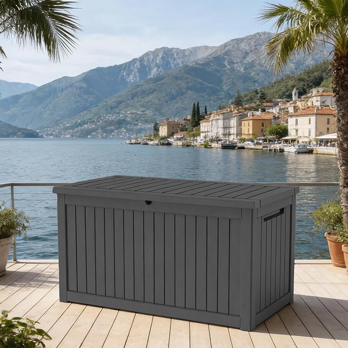 Outdoor Waterproof Resin Storage Deck Box Lockable Outside Bench UV Resistant Bin Patio Porch Furniture Pool Float Garden Tool Cushion (Black, 280 Gallon)