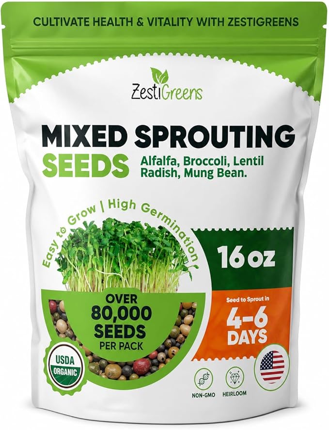ZestiGreens Fresh Sprouting Seeds Mix (16oz), Fresh Salad Blend - USA Grown Microgreens Mix with Alfalfa, Broccoli, Radish, Mung Bean & Lentil - Over 80,000 Seeds