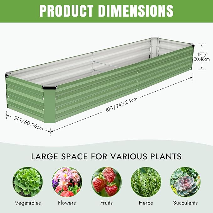 INNO STAGE Galvanized Raised Garden Bed Kits, 8x2x1ft Metal Raised Garden Beds Outdoor, Large Steel Raised Planter Bed with Gloves for Vegetables & Flowers Patio Ground Planter Box(Olive Green, 2PCS)