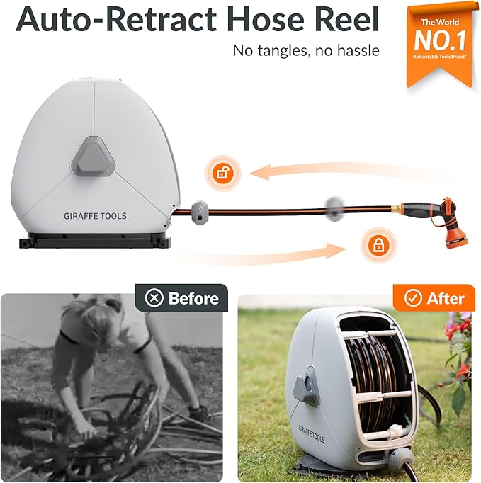 Giraffe Tools Ground Mounted Retractable Hose Reel 1/2 Inch x 82FT, Heavy Duty Automatic Rewind Garden Hose Reel, with Flexible Swivel Base for Lawn, Concrete Floor