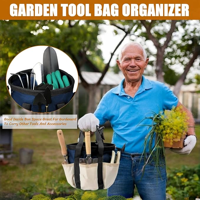 BLIRITEL Garden Tool Organizer, Waterproof Garden Tool Tote Bag with 6 Side Pockets, Outdoor Gardening bucket Bag with Thickened Base and Comfortable Carry Handles (Navy Blue)