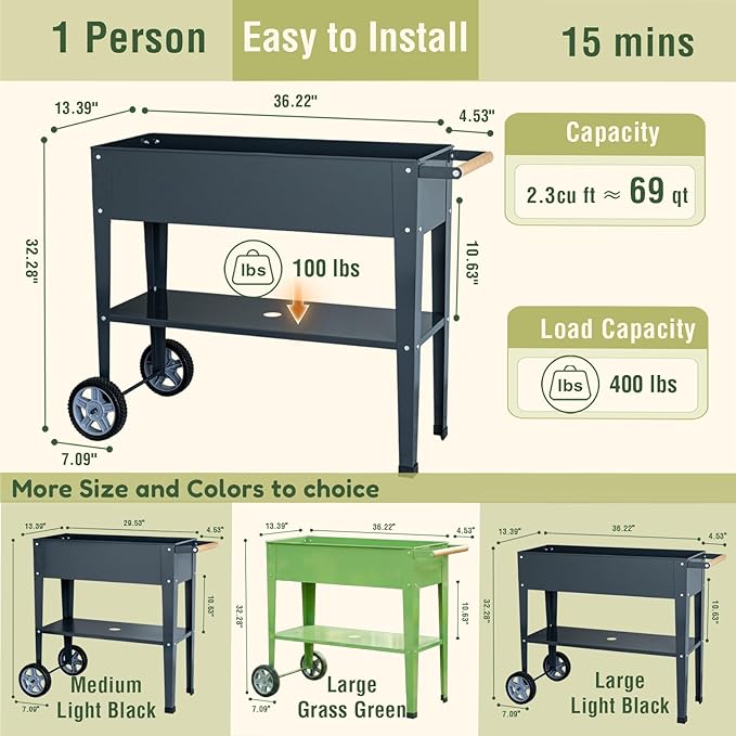 Raised Garden Bed Outdoor with Wheels, Leg and Wooden Handle, 36.2x13.4x32.3in, 400lb Cap, Metal Elevated Raised Planter Box for Herb, Vegetable, Perfect for Backyard, Balcony, Light Black