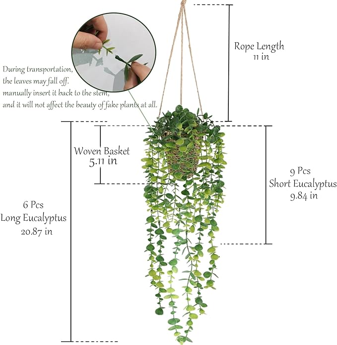 Nisoger Fake Hanging Plant with Woven Basket, 2 Pack Artificial Hanging Plants, Faux Vines Eucalyptus Leaf Hanging Pot Plant for Wall Home Room Indoor Outdoor Bedroom Bathroom Office Decor
