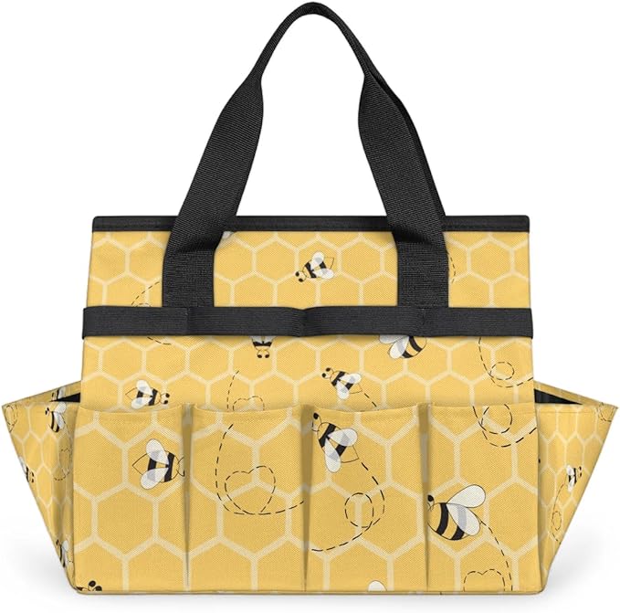 Honeycomb Bee Garden Tool Bag for Women Waterproof & Reusable Heavy Duty Gardening Tote Storage Organizer Toiletry Bag with 10 Pockets for Garden Lawn Yard Casual Camp