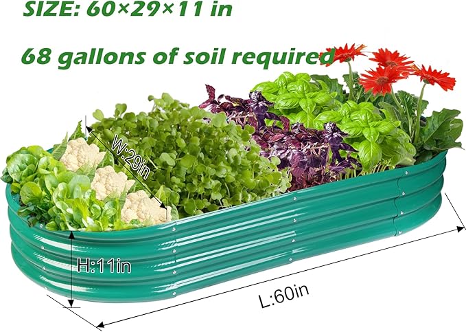 Raised Garden Bed GRS Certified Galvanized Planter Box Outdoor, 5ft Oval Rot-Resistant Metal Garden Bed Planter, Recycled Eco-Friendly Material Planter for Vegetables Flowers Herbs (Green)