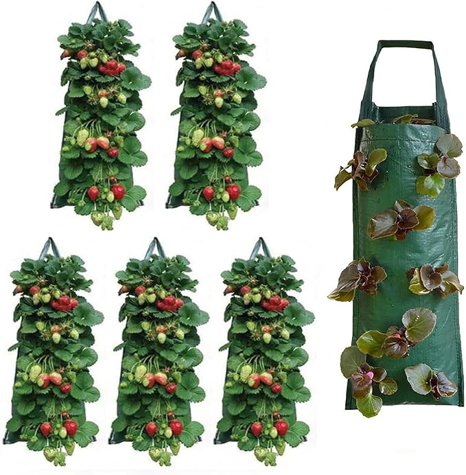 Hanging Strawberry Planter, Durable Thickened Aeration Fabric Grow Bags, Upside Down Vegetable Planter, Patio Garden Container with 8 Planting Holes and Reinforced Handles (6)