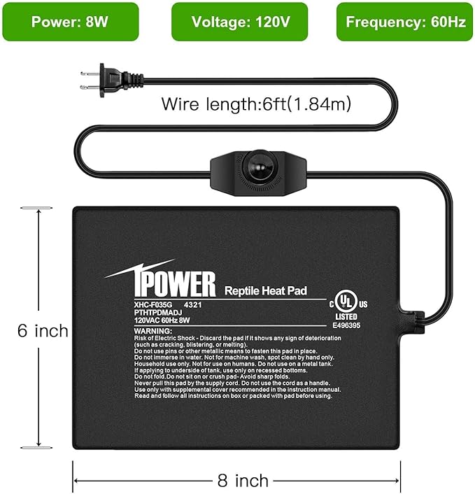 iPower 6x8 Inch Reptile Heating Pad with Adjustable Controller Knob, Under Tank Heater Mat for Turtles, Lizards, Snakes, Amphibians & Small Pets