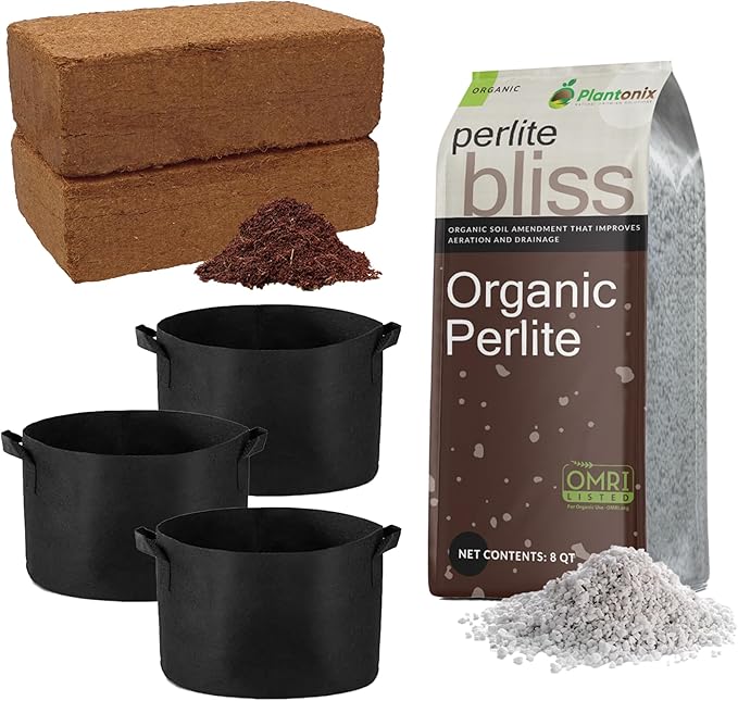 Seed Starting Soil Mix (24 Qts) - Coco Coir 650gm Bricks (2-Pack) + Perlite Bliss + 3 Gallon Grow Bags - Seed Starter Soil for Indoor Plants, Outdoor Plants, Seedlings - Organic Coco Coir Perlite Mix