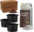 Seed Starting Soil Mix (24 Qts) - Coco Coir 650gm Bricks (2-Pack) + Perlite Bliss + 3 Gallon Grow Bags - Seed Starter Soil for Indoor Plants, Outdoor Plants, Seedlings - Organic Coco Coir Perlite Mix
