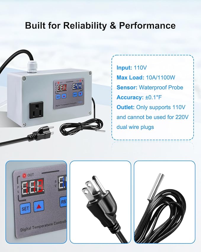 10A 110V Temperature Controller, Digital Thermostat Switch for Seedling Germination, Home Brewing, Fermentation, Vacuum Low-Temperature Cooking, Hatching, Pet Breeding, Heaters Or Cooling Equipment