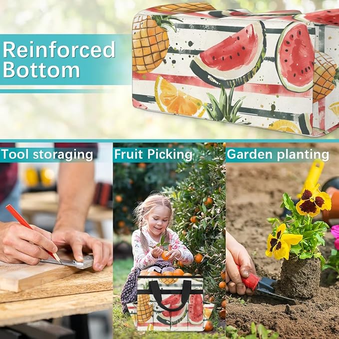 Garden Tool Bag Organizer Garden Tote Bag with Pockets Striped Watermelon Pineapple Tool Storage Organizer Gardening Tool Kit Holder 13" x 6.8" x 2.8"