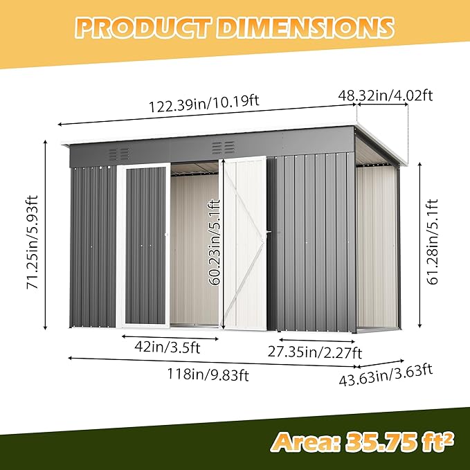 10'x4' Waterproof Storage Shed with 2.3'x3.6' Side Space, Heavy Duty 2-in-1 Garden Tool Shed with Lockable Door & Floor Frame for Backyard, Patio, Lawn, Bicycles, Galvanized Steel, Gray