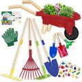 Qtioucp Kids Gardening Tools Outdoor Toys Set Backyard Play with Wheelbarrow Educational STEM Learning Pretend Toys Outdoor Indoor for Toddlers Kids Boys Girls (Red Wheelbarrow Set)