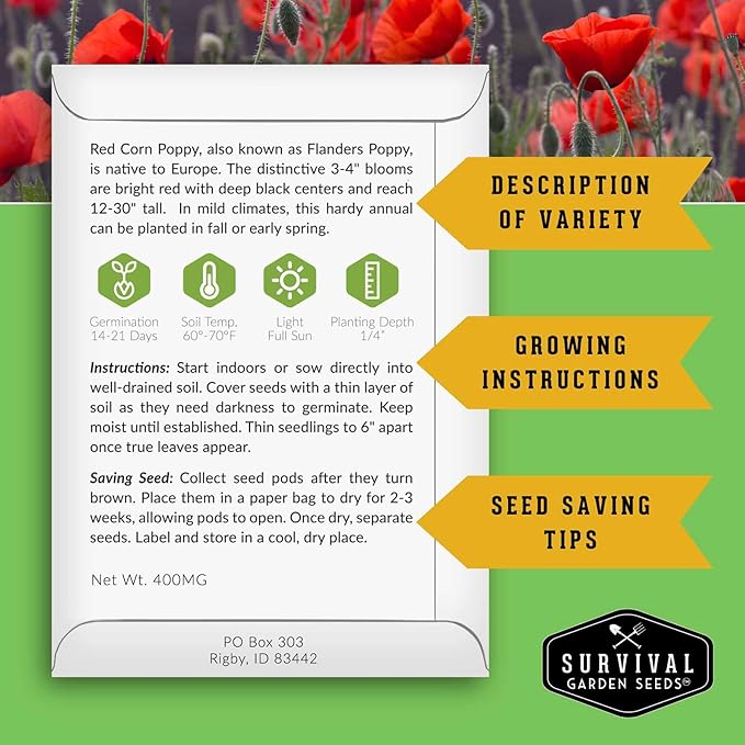 Poppy Collection 4 Variety Pack of Seeds for Planting – California, Golden West, Mikado & Red Corn Poppy Varieties – Non-GMO Heirloom Wildflower Collection - Survival Garden Seeds