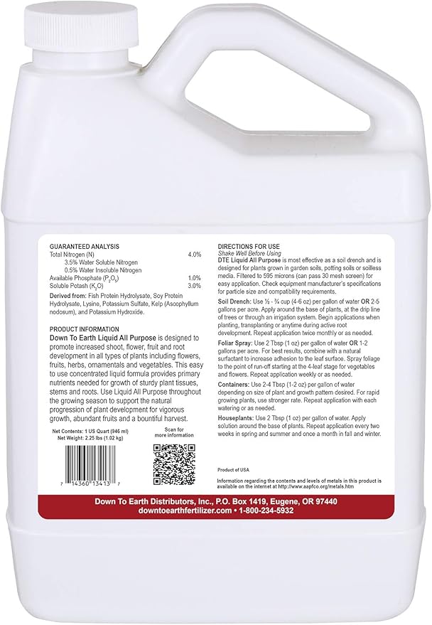 Down To Earth All Natural Fertilizers Organic Liquid All Purpose Concentrate - Plant Food for Vegetable Gardens - Makes up to 32 Gallons 4-1-3, 32 oz