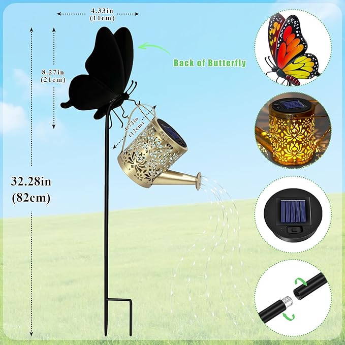 Solar Lights Outdoor Decorative, Watering Can with Cascading Lights on Butterfly Shepherd's Hook, Solar Garden Stake Decor for Yard Pathway,Gift for Women Mom (2pcs-Butterfly Garden Stakes)