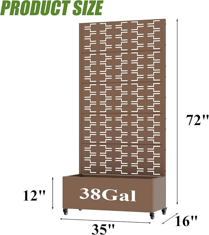 Casaphoria Metal Raised Garden Bed with Trellis and Wheels, 72"x35"x16" Planter Box for Climbing Plants, Vegetables & Vines, Features Drainage Holes and Privacy Screen, Brown-Brick