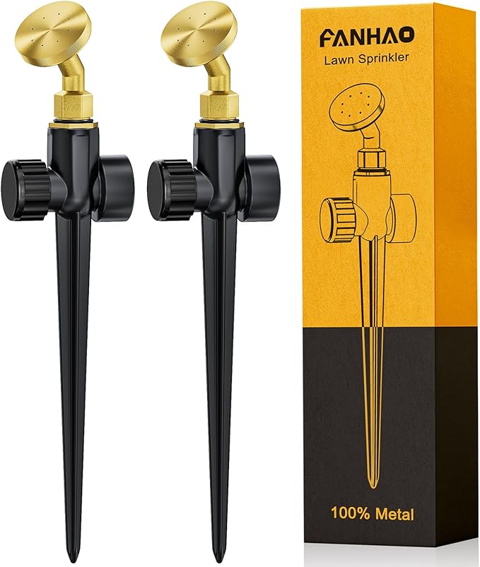 FANHAO 2 Pack Lawn Sprinklers for Yard, Heavy Duty Metal Garden Water Sprinkler on Spike Base, Adjustable Brass Sprinkler Mist Nozzle Large Yard Area Watering for Lawn Grass Patio Garden Irrigation