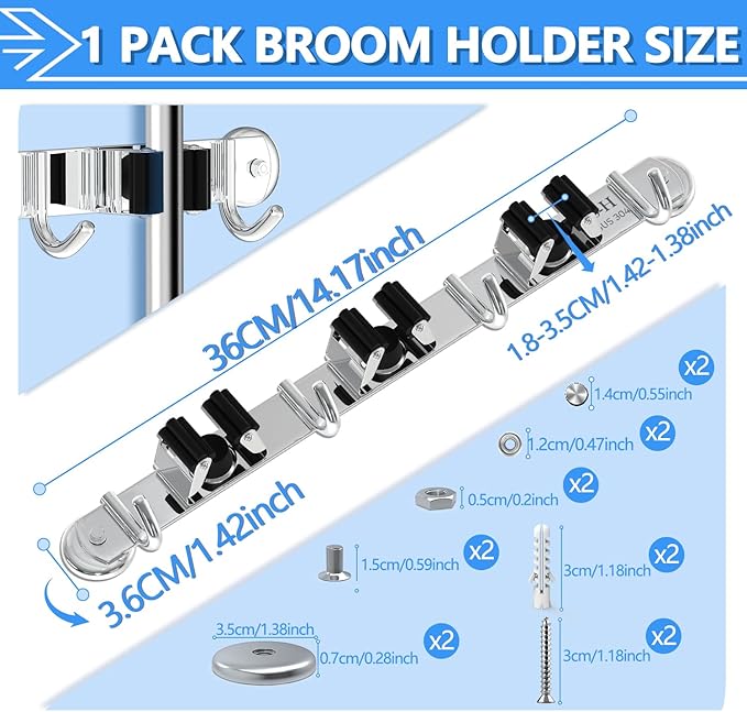 3-H Magnetic Broom Holder Wall Mount 1 Pack, 2-in-1 Dual Mount (No Drill or Screw Fix), 304 Stainless Steel Heavy Duty Magnet Mop Broom Organizer for Kitchen Garden Garage(3 Racks & 4 Hooks,Silver)